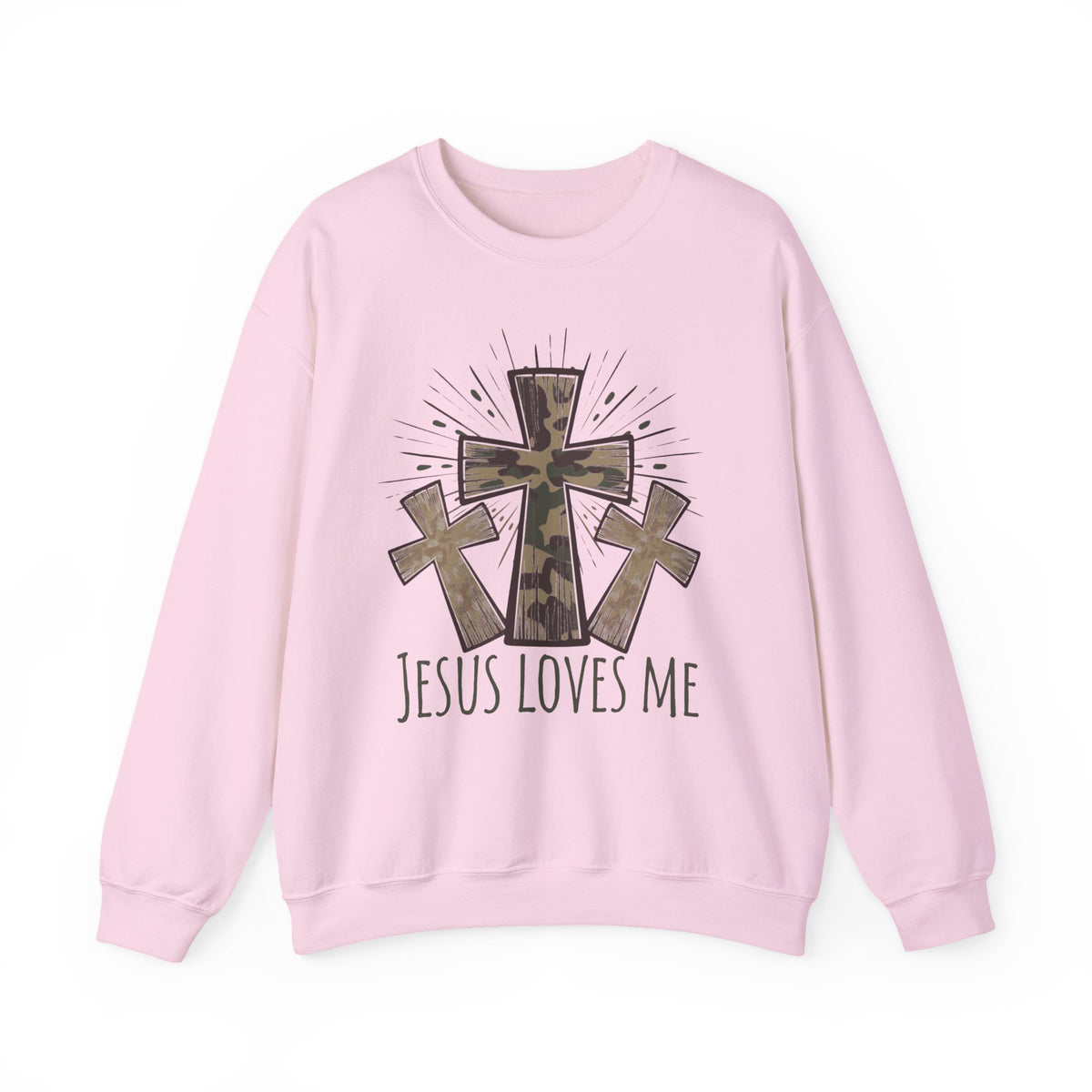 Jesus Loves Me Sweatshirt — Camouflage Cross Christian Crewneck