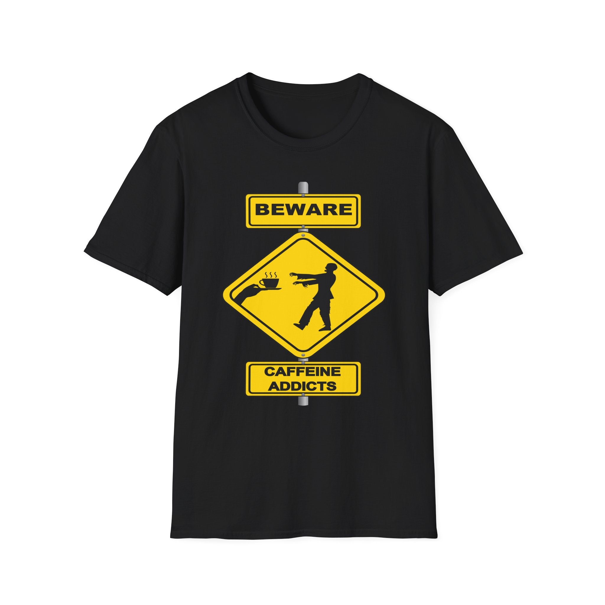 Beware: Caffeine Addicts T-Shirt — Funny Coffee Zombie Warning Tee