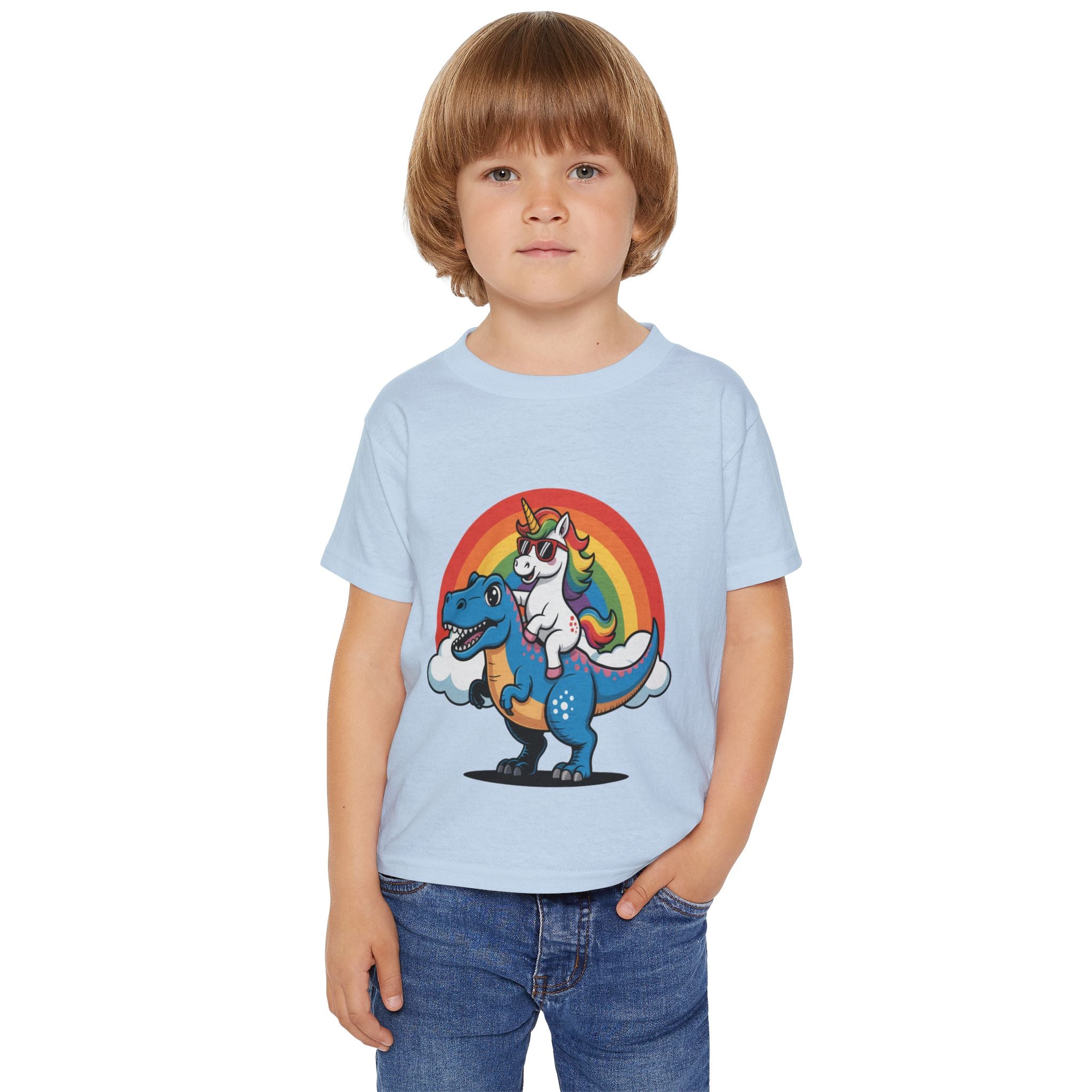 Toddler T‑Shirt — Rainbow Unicorn Riding Dinosaur Graphic