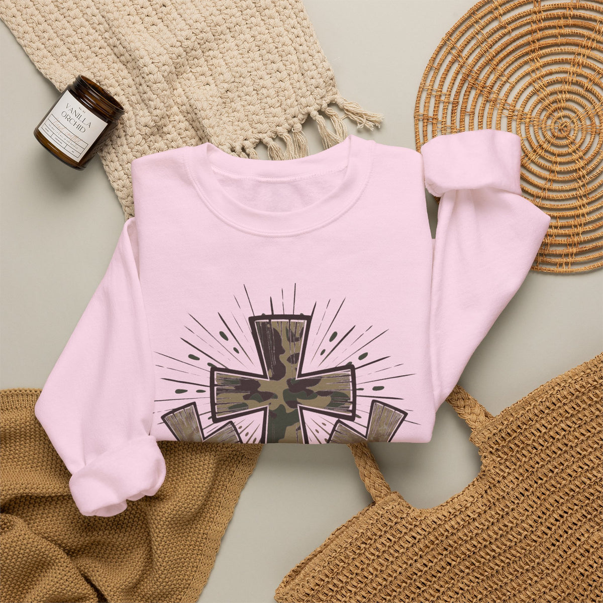 Jesus Loves Me Sweatshirt — Camouflage Cross Christian Crewneck