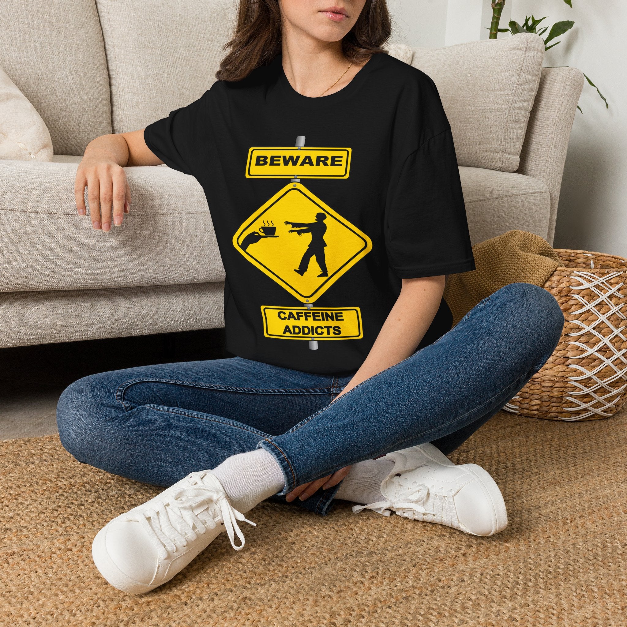 Beware: Caffeine Addicts T-Shirt — Funny Coffee Zombie Warning Tee