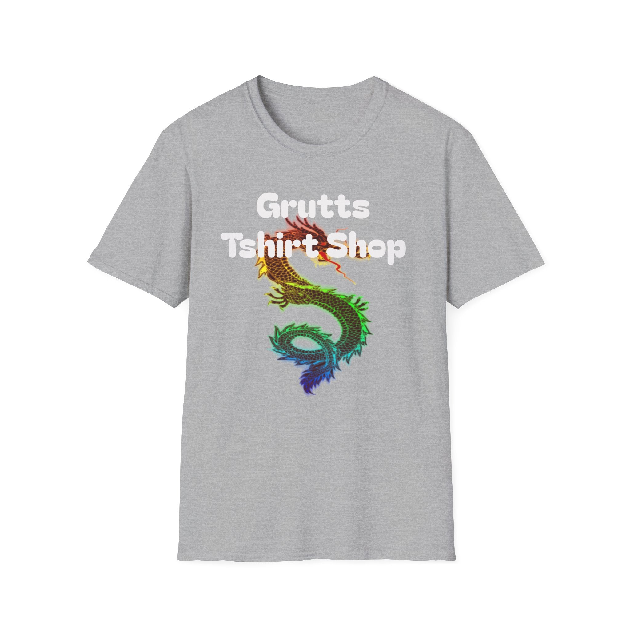 Grutts T-Shirt Shop Black Tee — Rainbow Dragon Graphic Shirt
