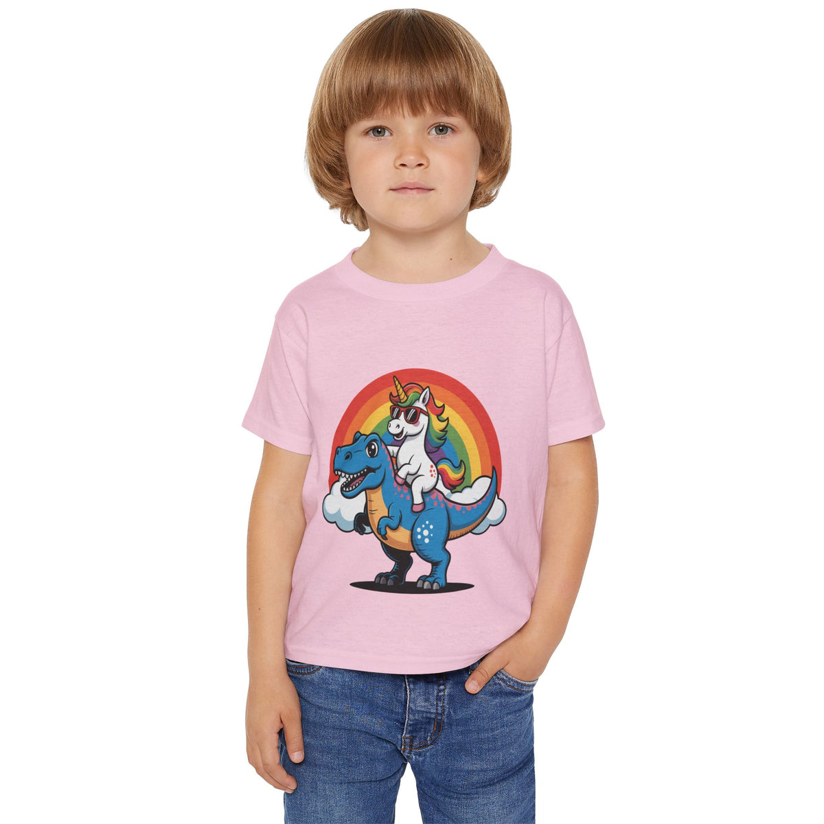Toddler T‑Shirt — Rainbow Unicorn Riding Dinosaur Graphic