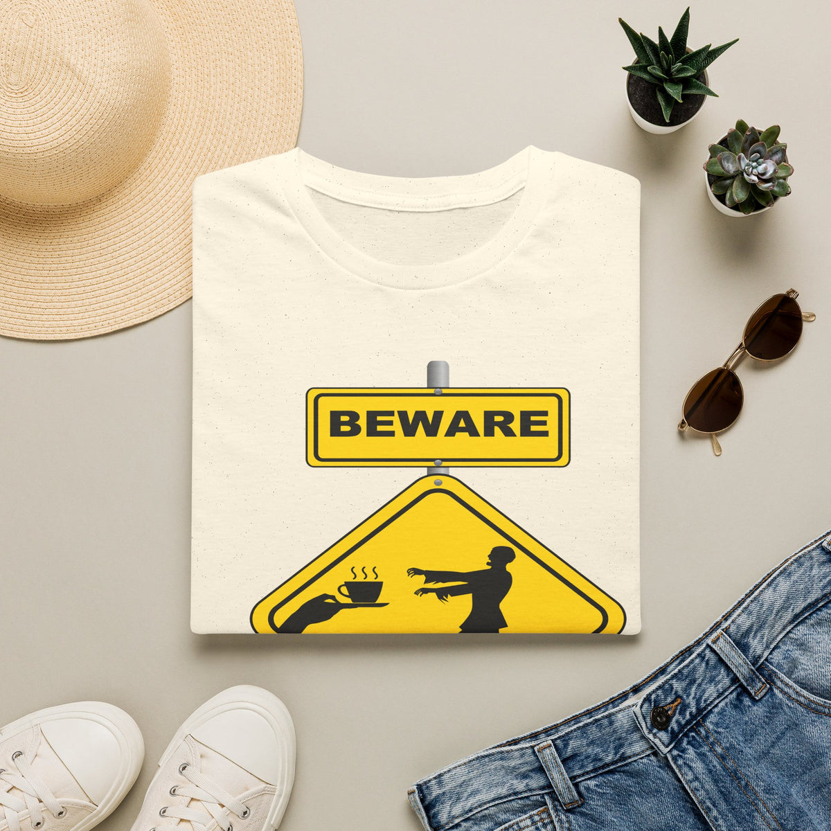 Beware Caffeine Addicts T‑Shirt — Funny Coffee Lover Warning Sign Tee