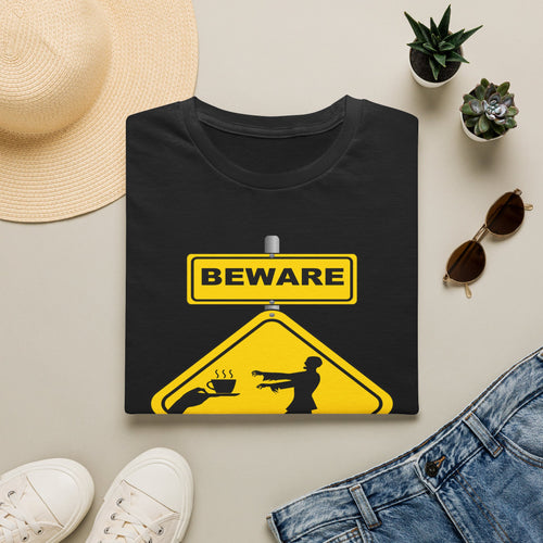 Beware: Caffeine Addicts T-Shirt — Funny Coffee Zombie Warning Tee