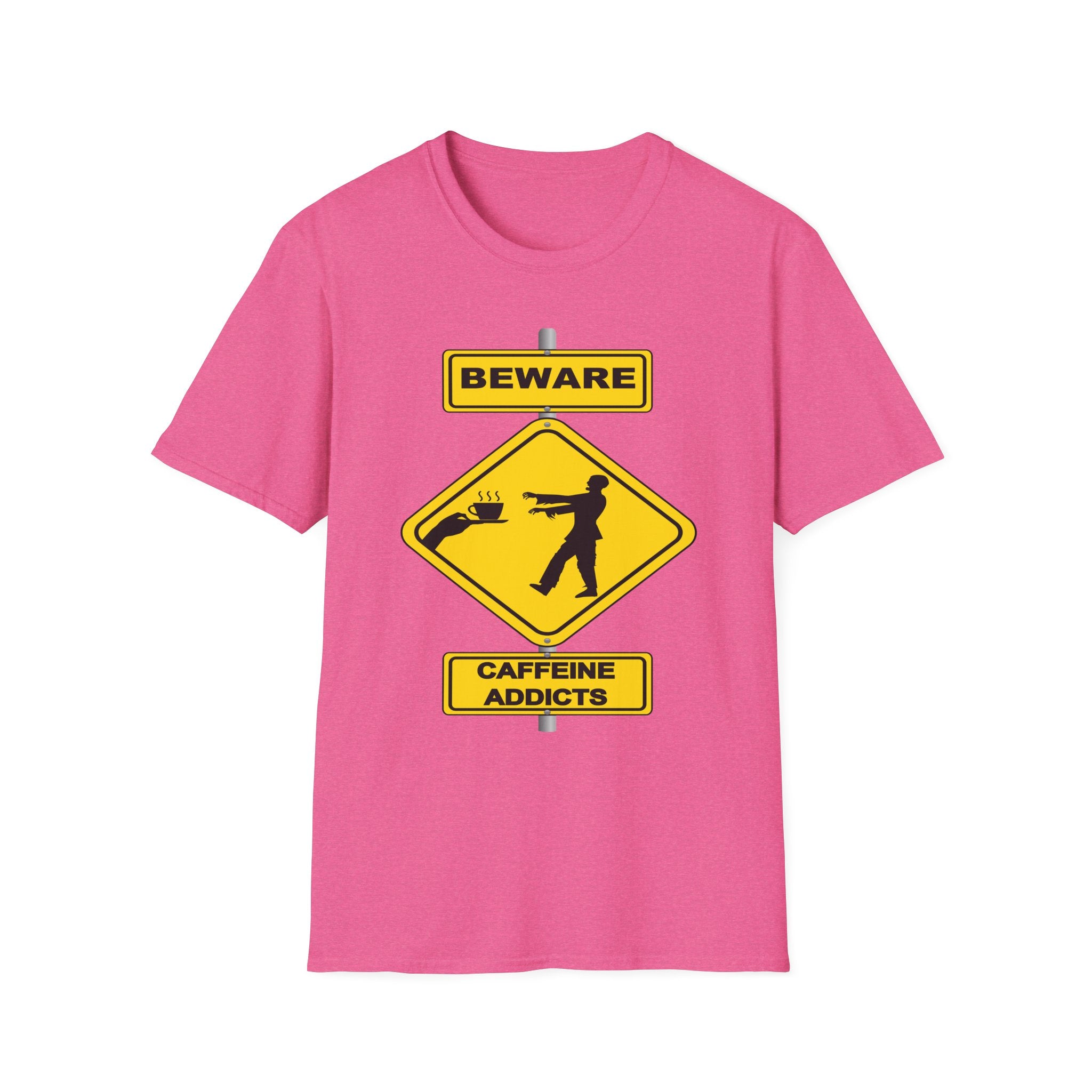 Beware: Caffeine Addicts T-Shirt — Funny Coffee Zombie Warning Tee
