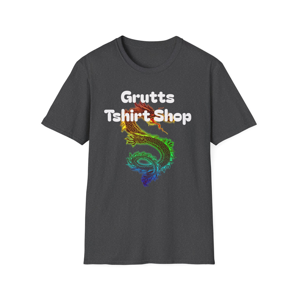 Grutts T-Shirt Shop Black Tee — Rainbow Dragon Graphic Shirt