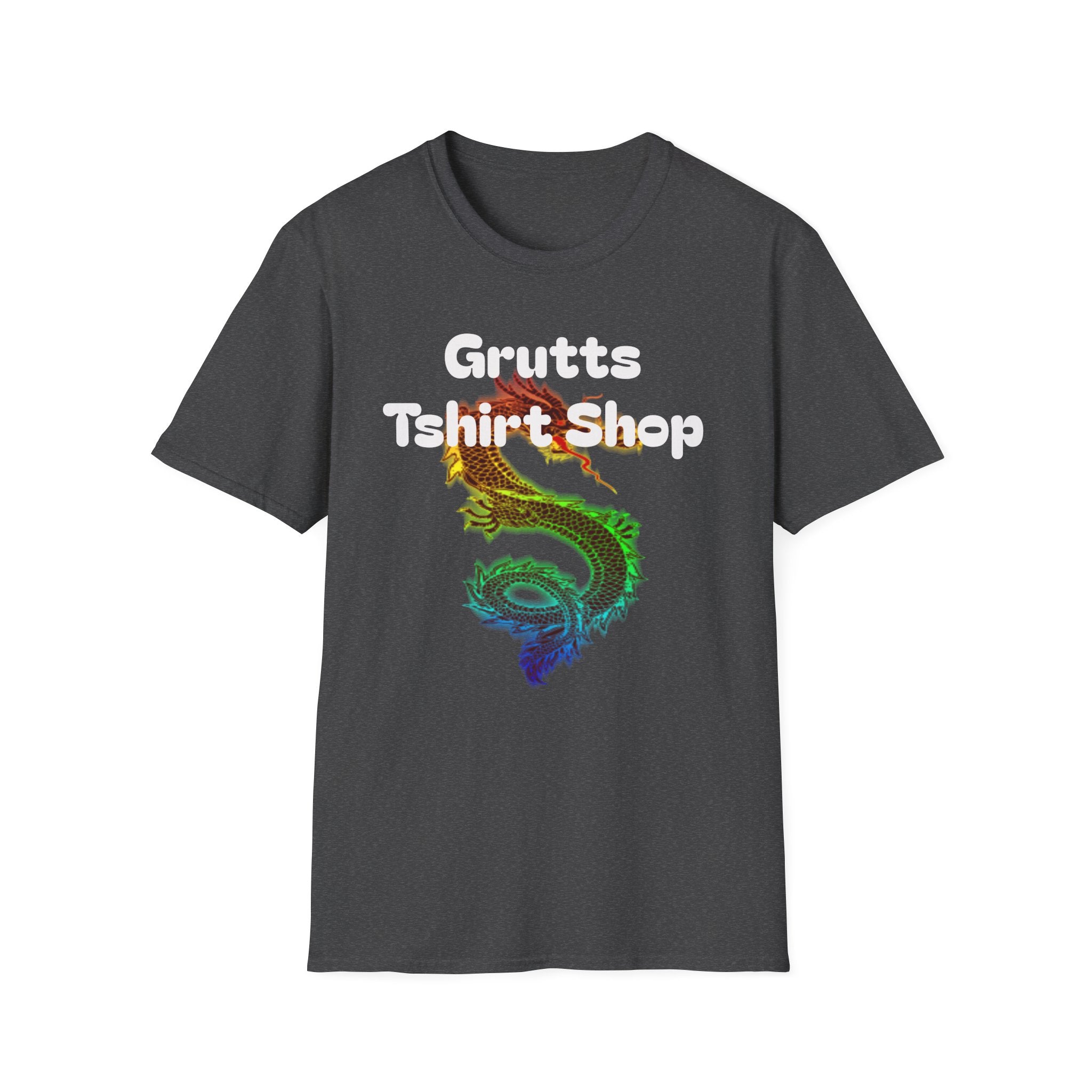 Grutts T-Shirt Shop Black Tee — Rainbow Dragon Graphic Shirt