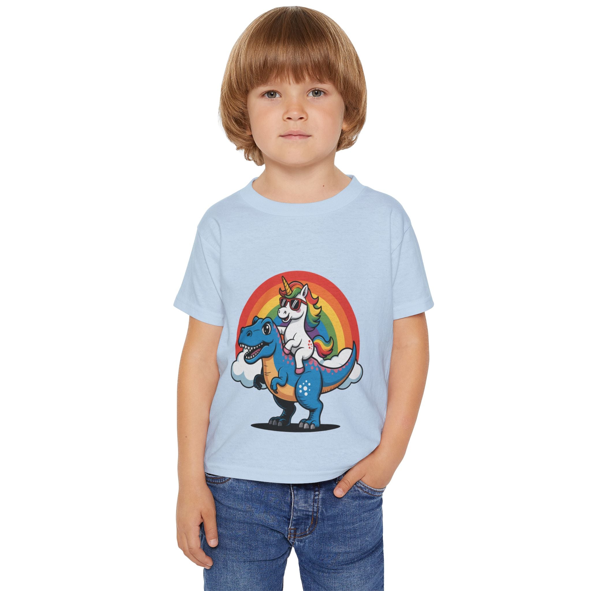 Toddler T‑Shirt — Cute Unicorn Riding T-Rex Rainbow Graphic
