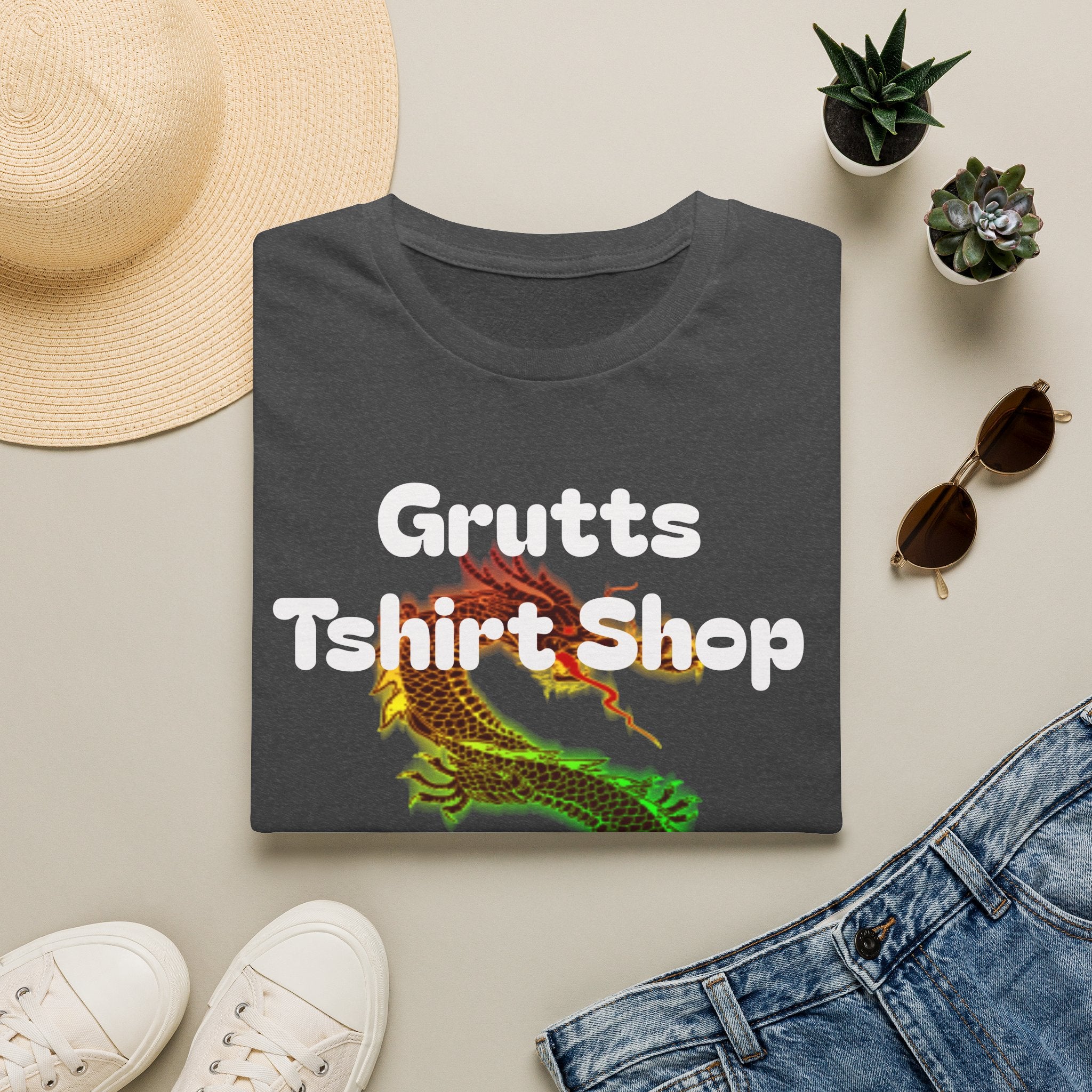 Grutts T-Shirt Shop Black Tee — Rainbow Dragon Graphic Shirt