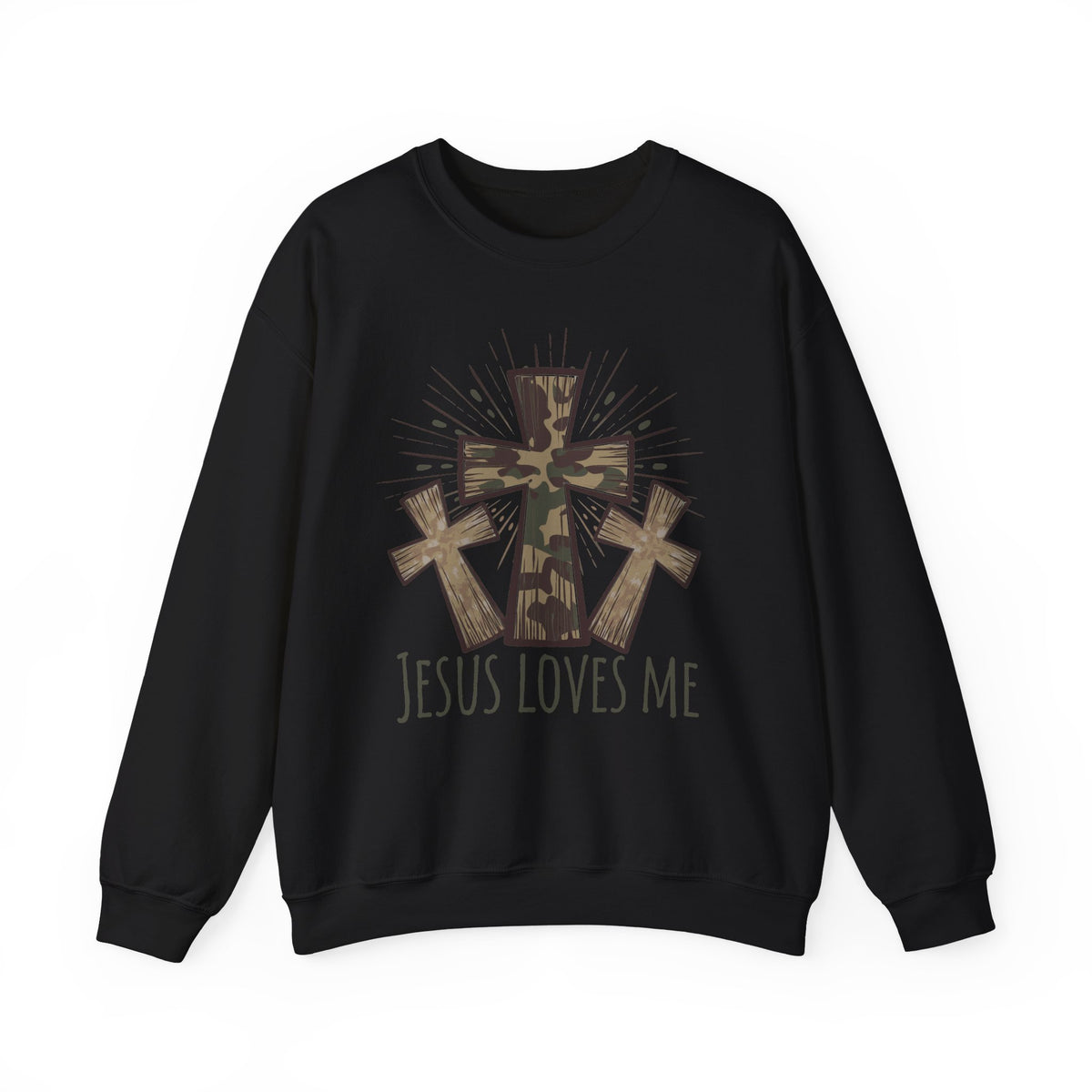 Jesus Loves Me Sweatshirt — Camouflage Cross Christian Crewneck