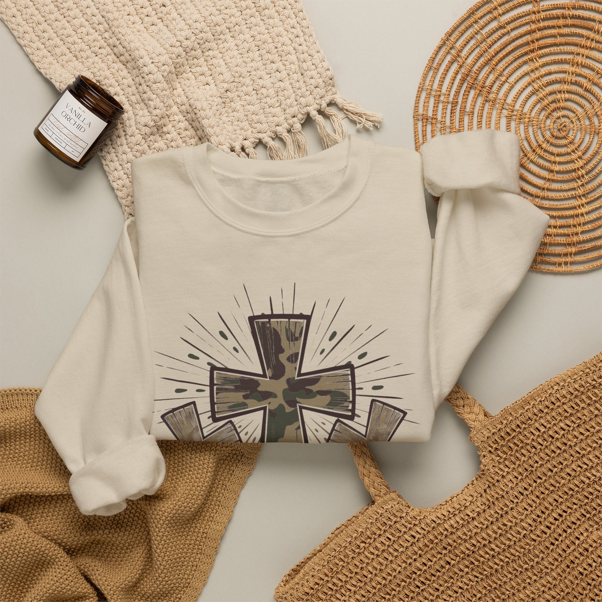 Jesus Loves Me Sweatshirt — Camouflage Cross Christian Crewneck