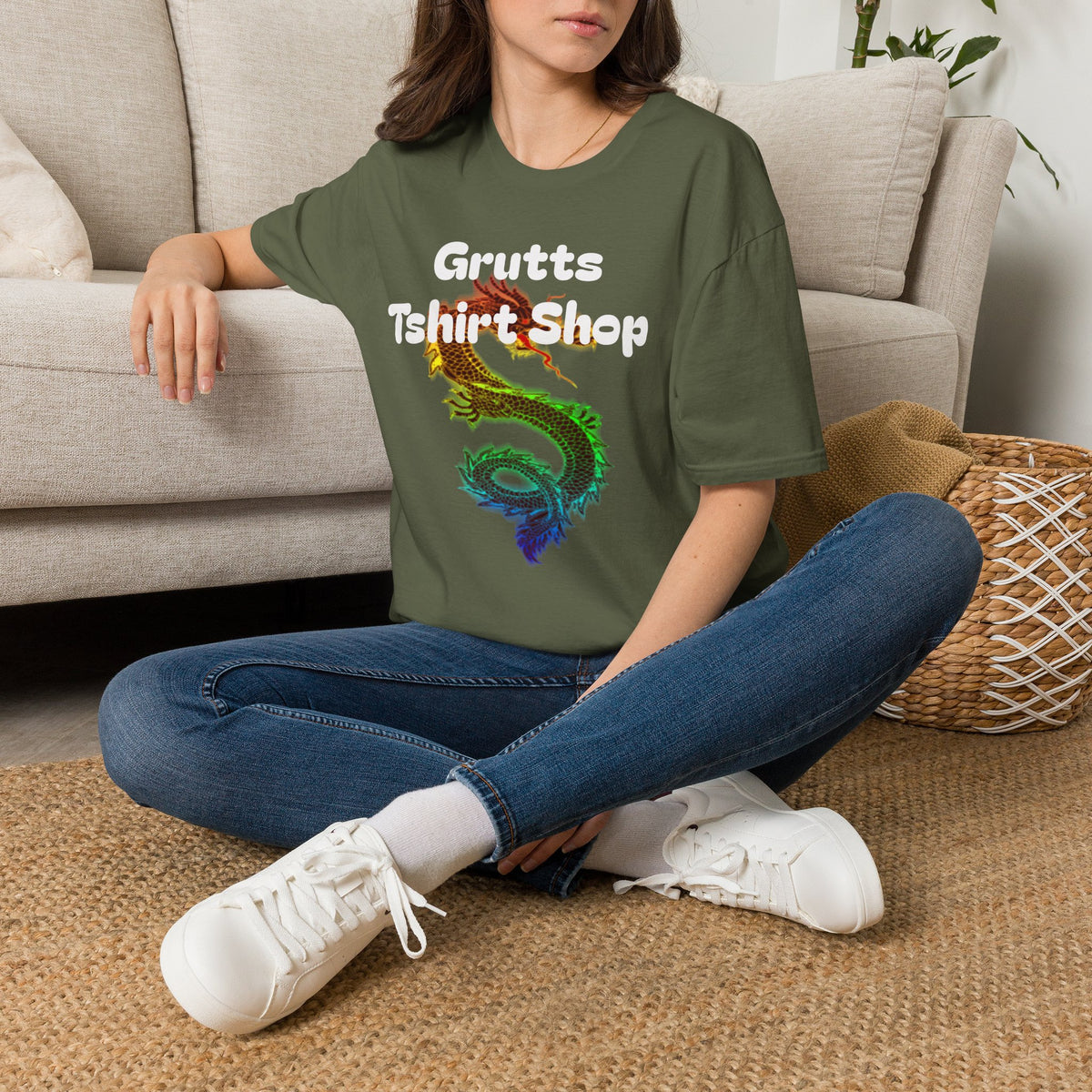 Grutts T-Shirt Shop Black Tee — Rainbow Dragon Graphic Shirt