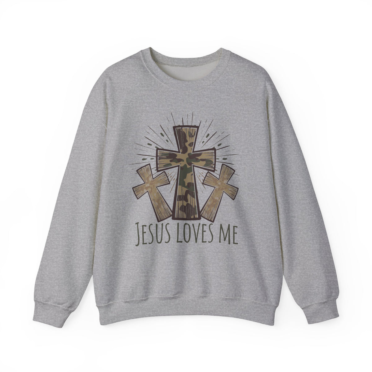 Jesus Loves Me Sweatshirt — Camouflage Cross Christian Crewneck