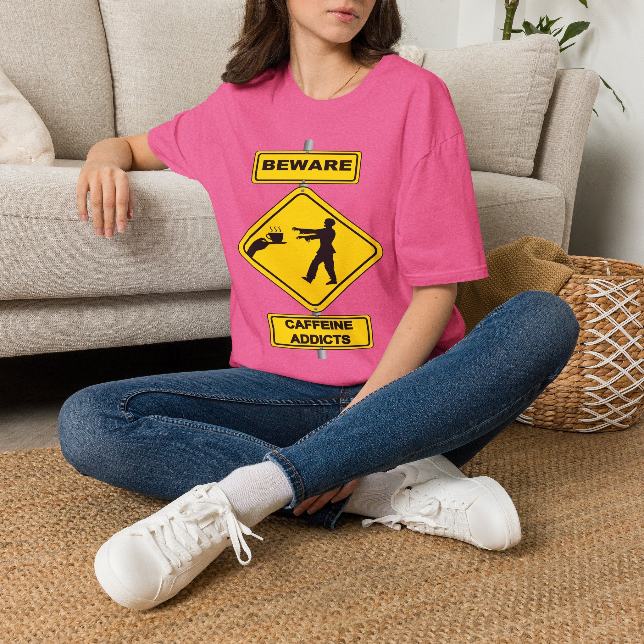 Beware: Caffeine Addicts T-Shirt — Funny Coffee Zombie Warning Tee