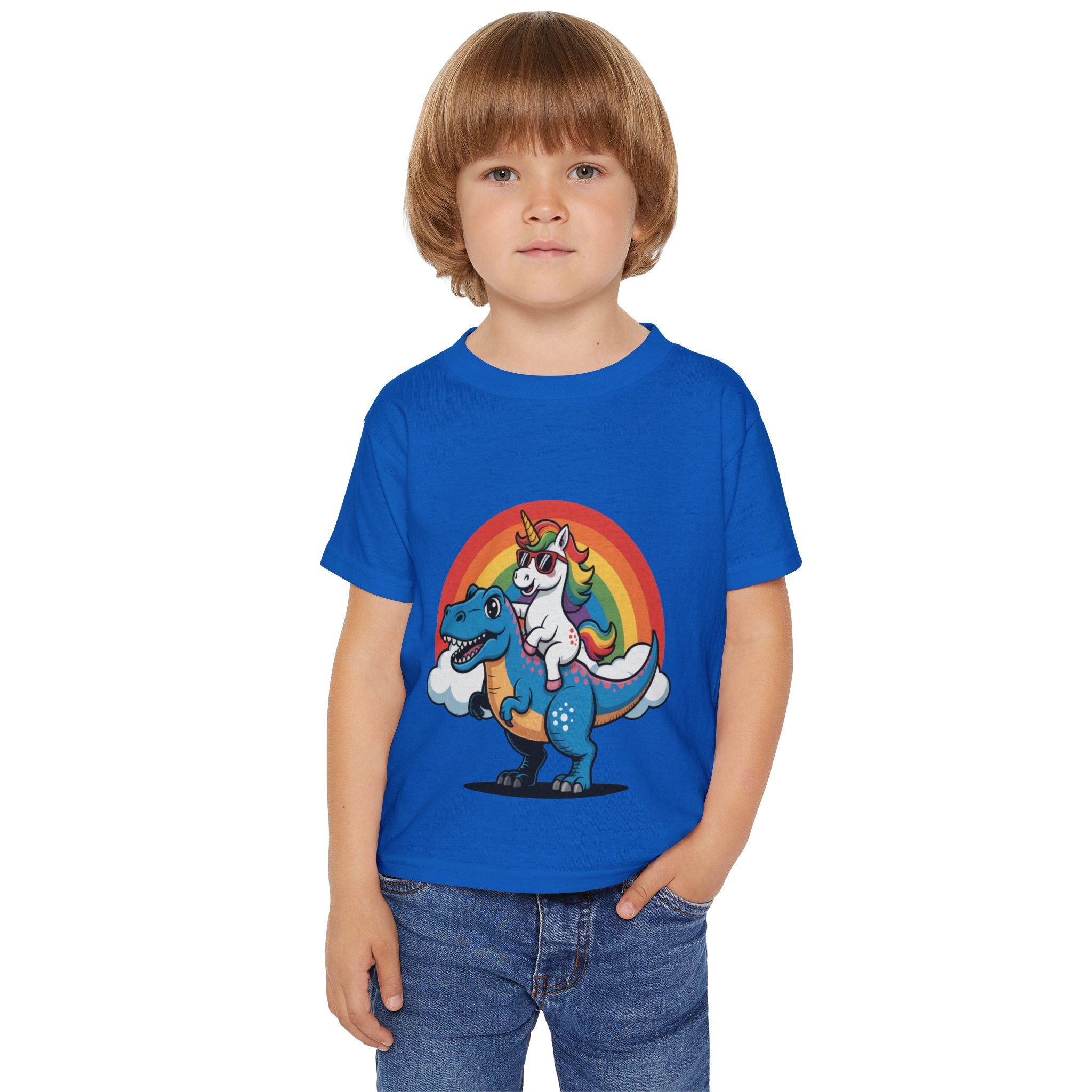 Toddler T‑Shirt — Cute Unicorn Riding T-Rex Rainbow Graphic