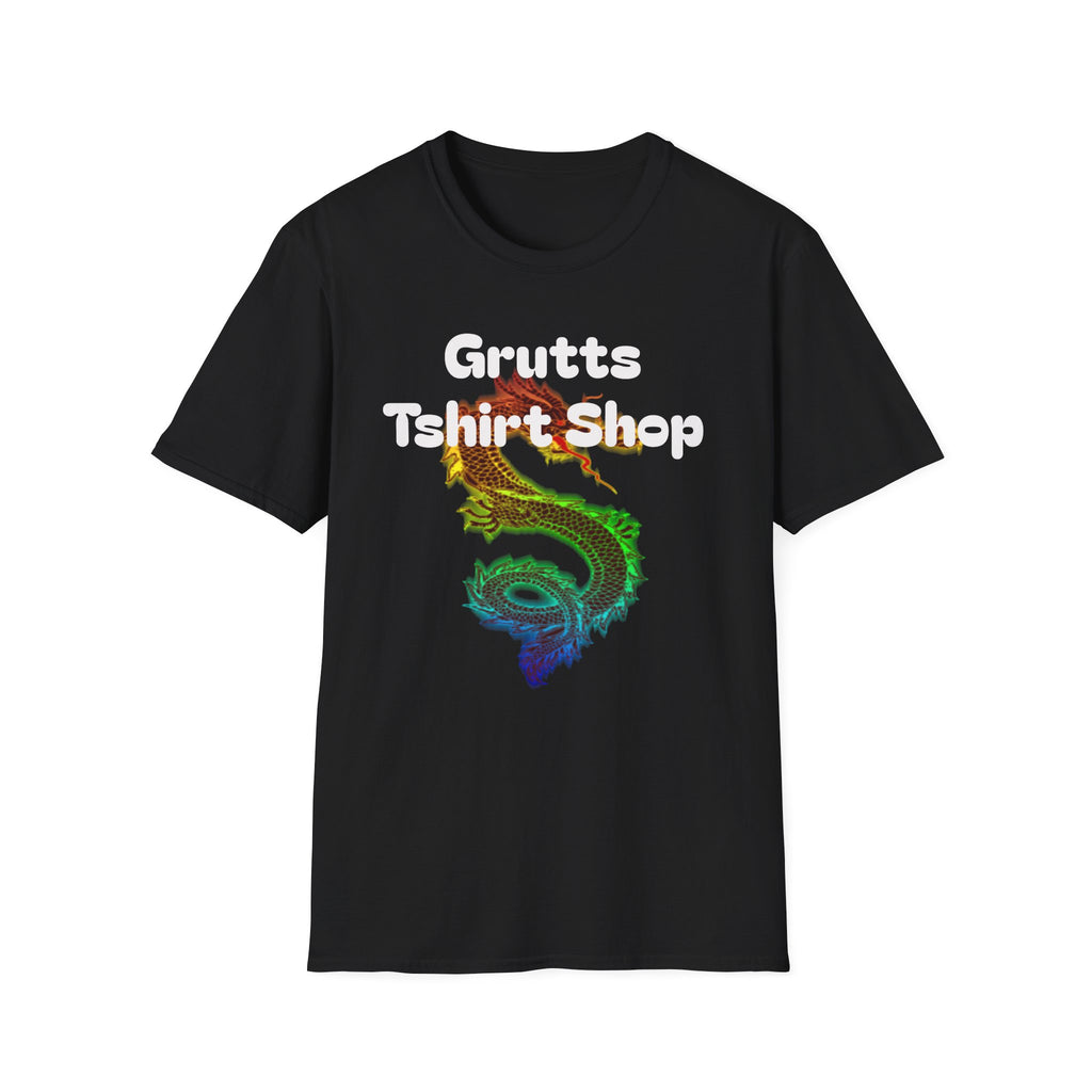 Grutts T-Shirt Shop Black Tee — Rainbow Dragon Graphic Shirt