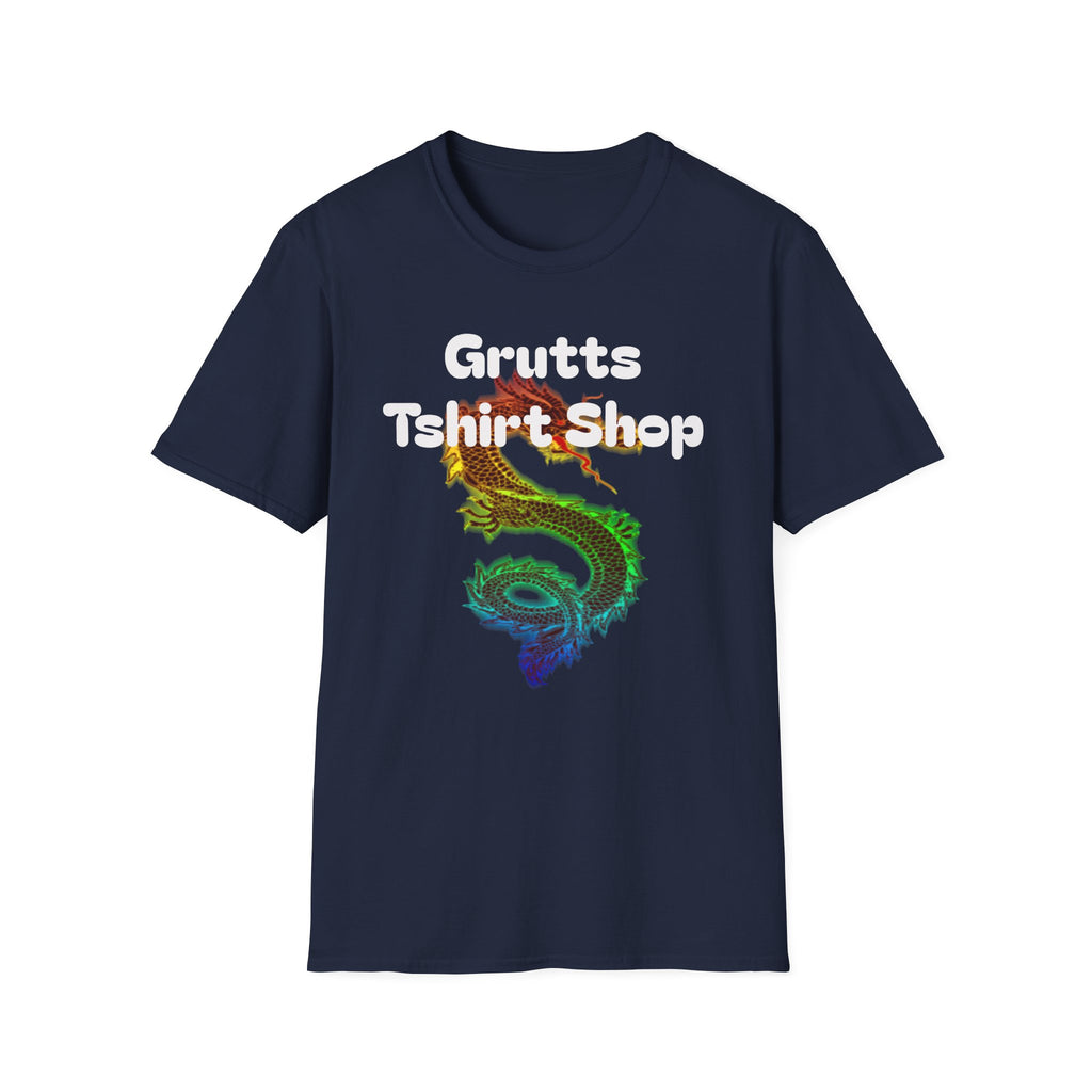 Grutts T-Shirt Shop Black Tee — Rainbow Dragon Graphic Shirt
