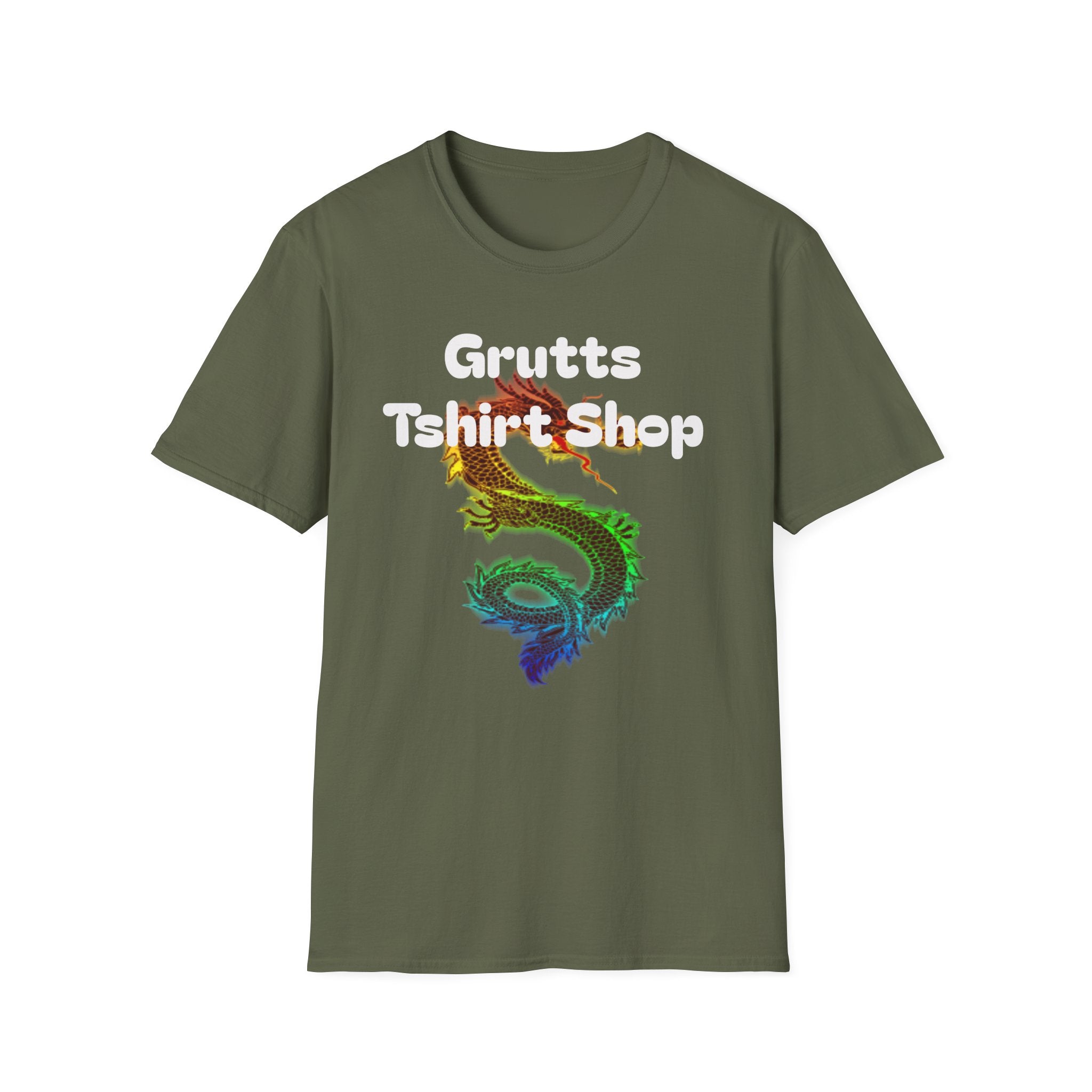 Grutts T-Shirt Shop Black Tee — Rainbow Dragon Graphic Shirt