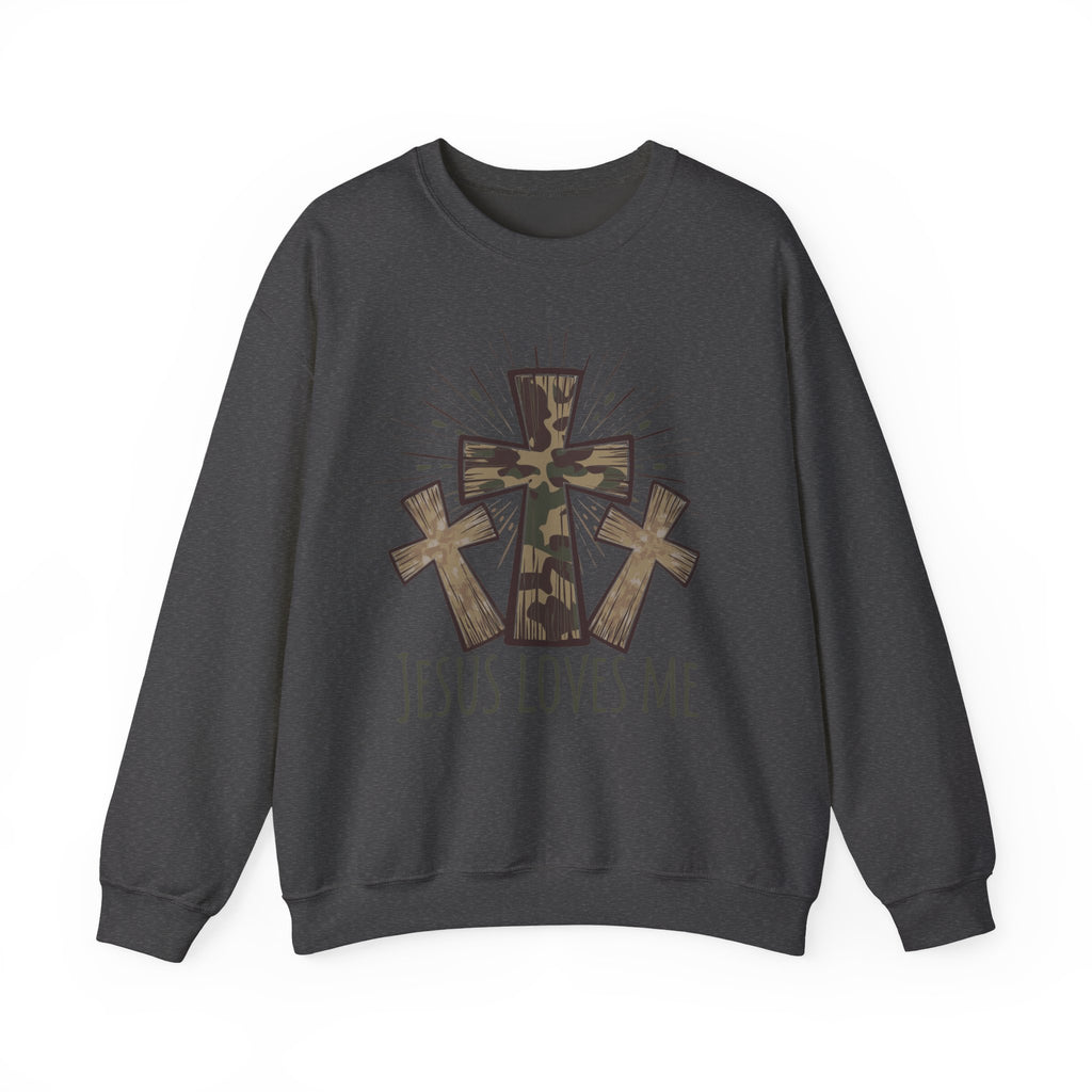 Jesus Loves Me Sweatshirt — Camouflage Cross Christian Crewneck