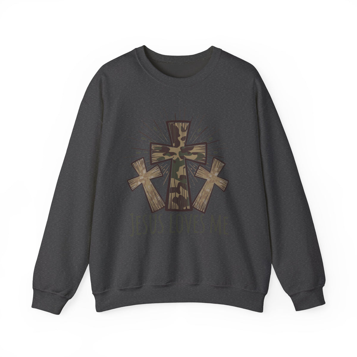 Jesus Loves Me Sweatshirt — Camouflage Cross Christian Crewneck