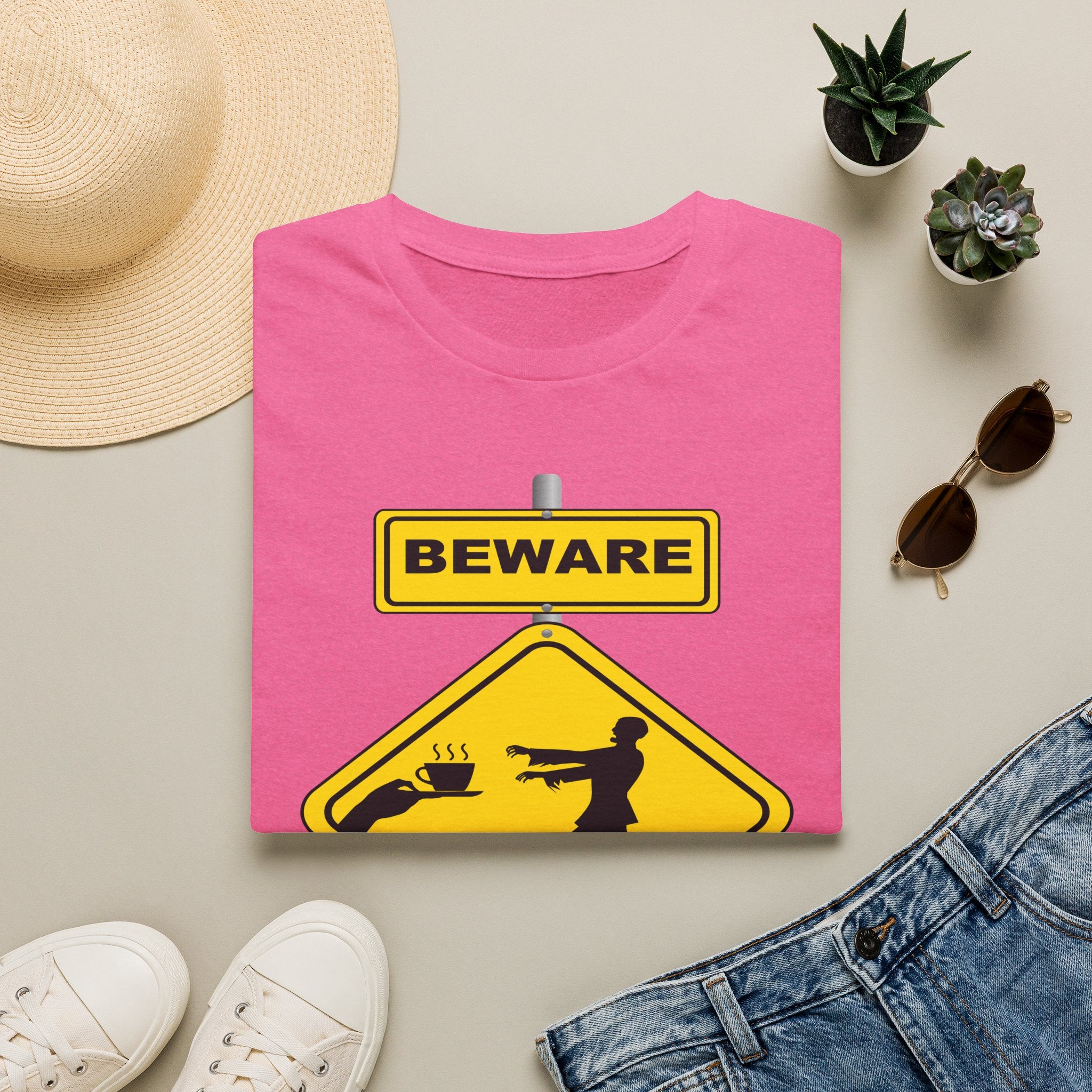 Beware: Caffeine Addicts T-Shirt — Funny Coffee Zombie Warning Tee