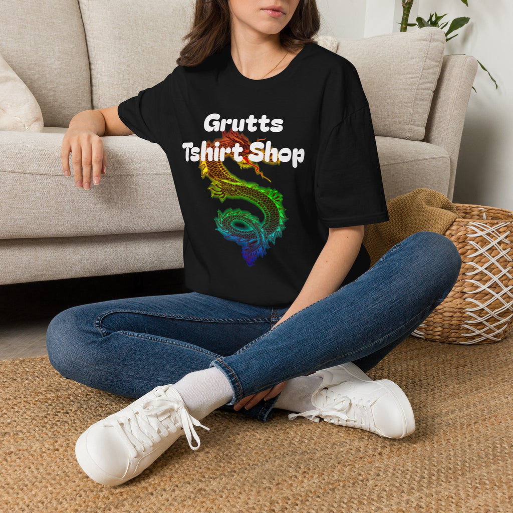 Grutts T-Shirt Shop Black Tee — Rainbow Dragon Graphic Shirt