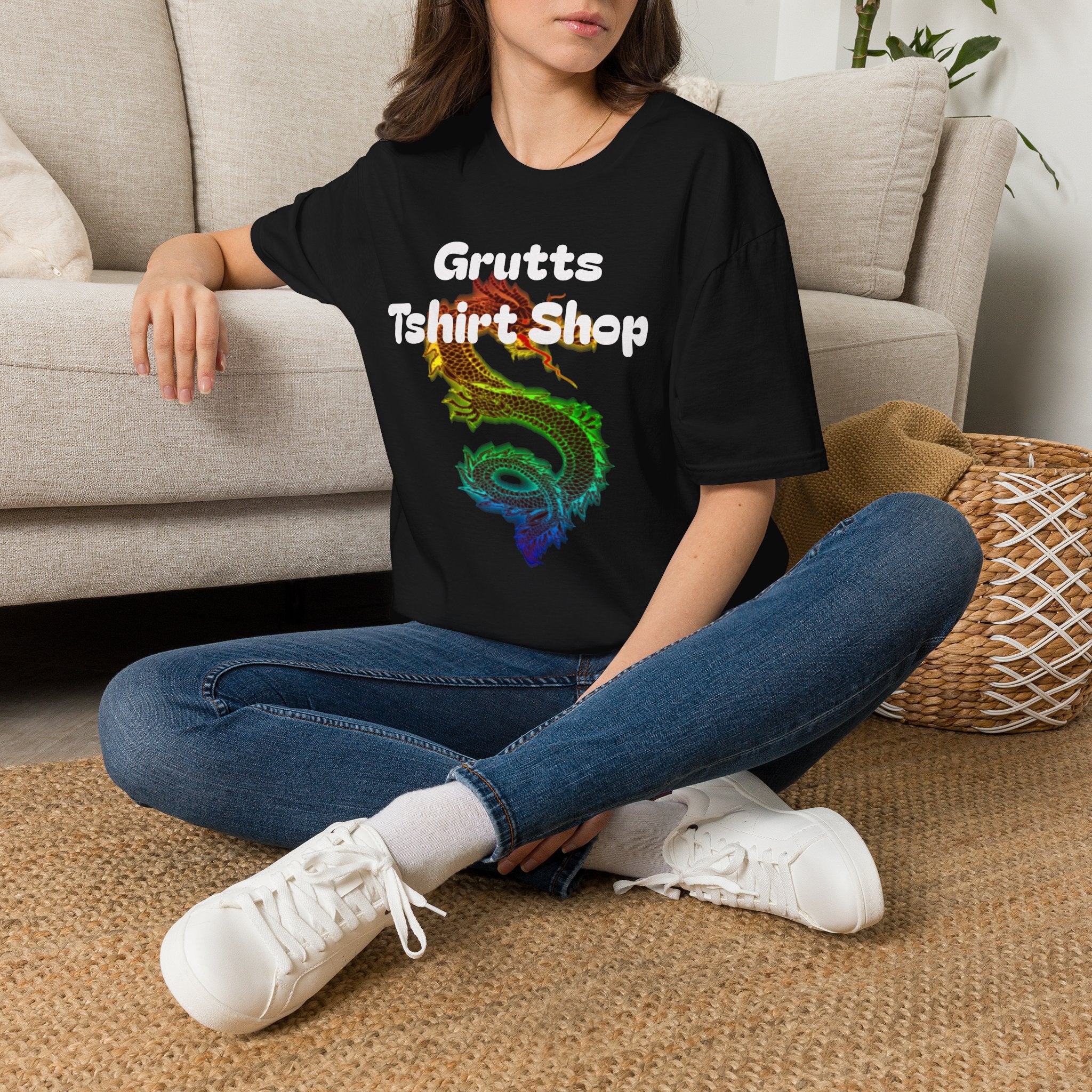 Grutts T-Shirt Shop Black Tee — Rainbow Dragon Graphic Shirt