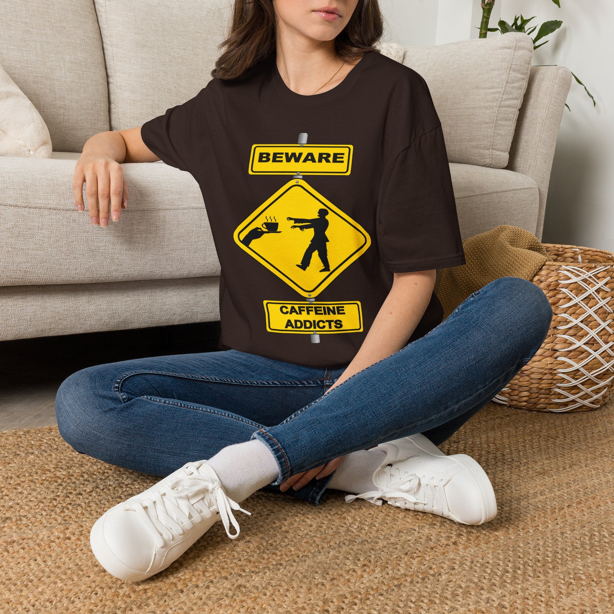 Beware Caffeine Addicts T‑Shirt — Funny Coffee Lover Warning Sign Tee