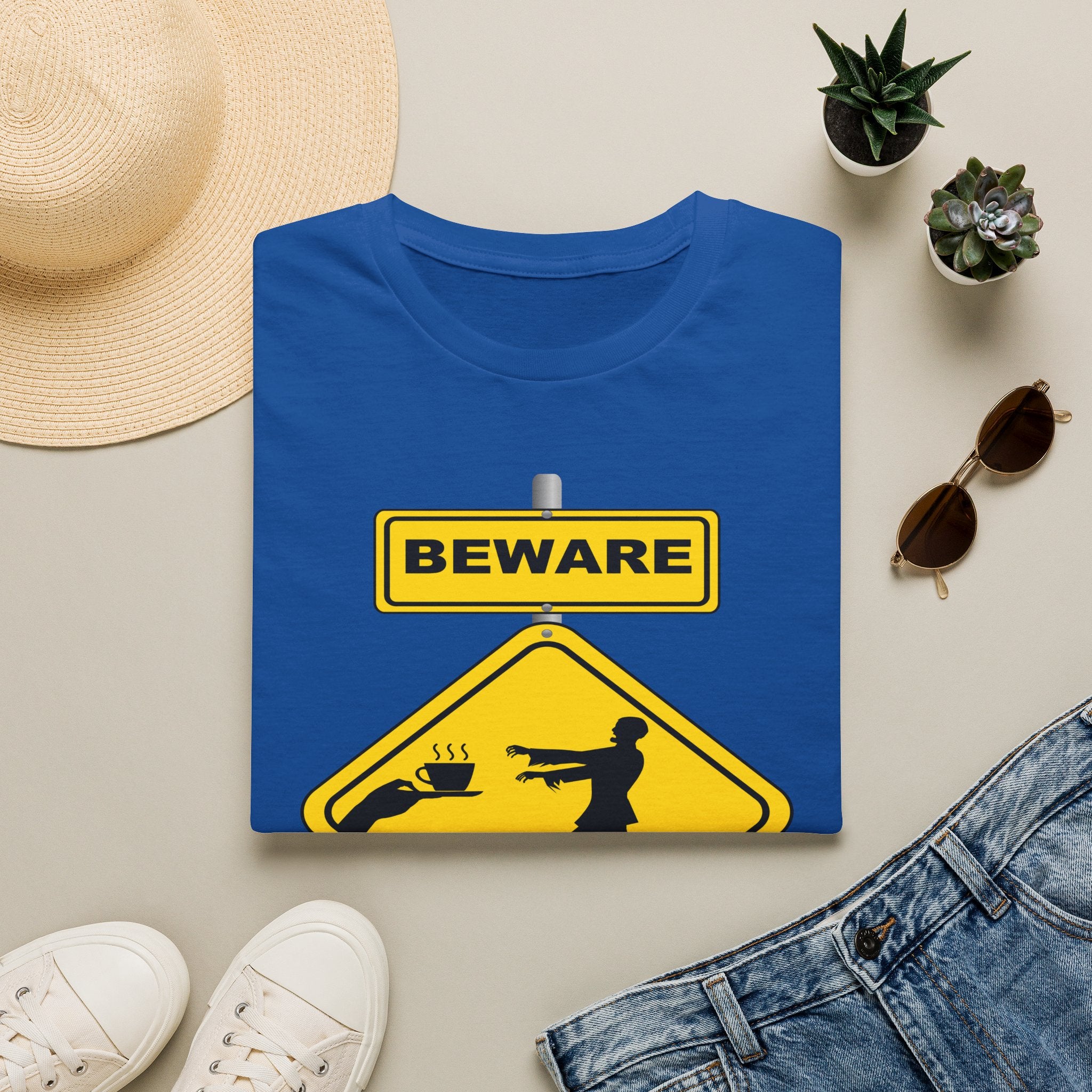 Beware: Caffeine Addicts T-Shirt — Funny Coffee Zombie Warning Tee