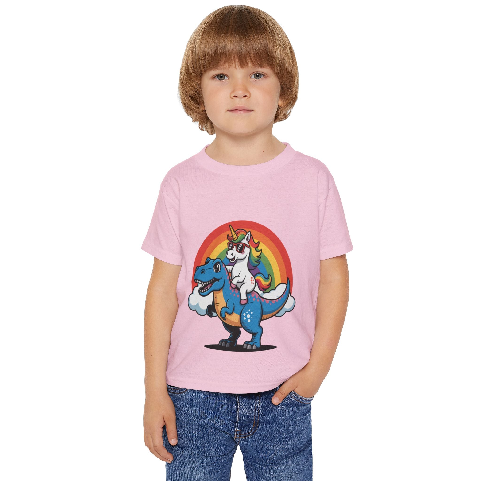 Toddler T‑Shirt — Cute Unicorn Riding T-Rex Rainbow Graphic