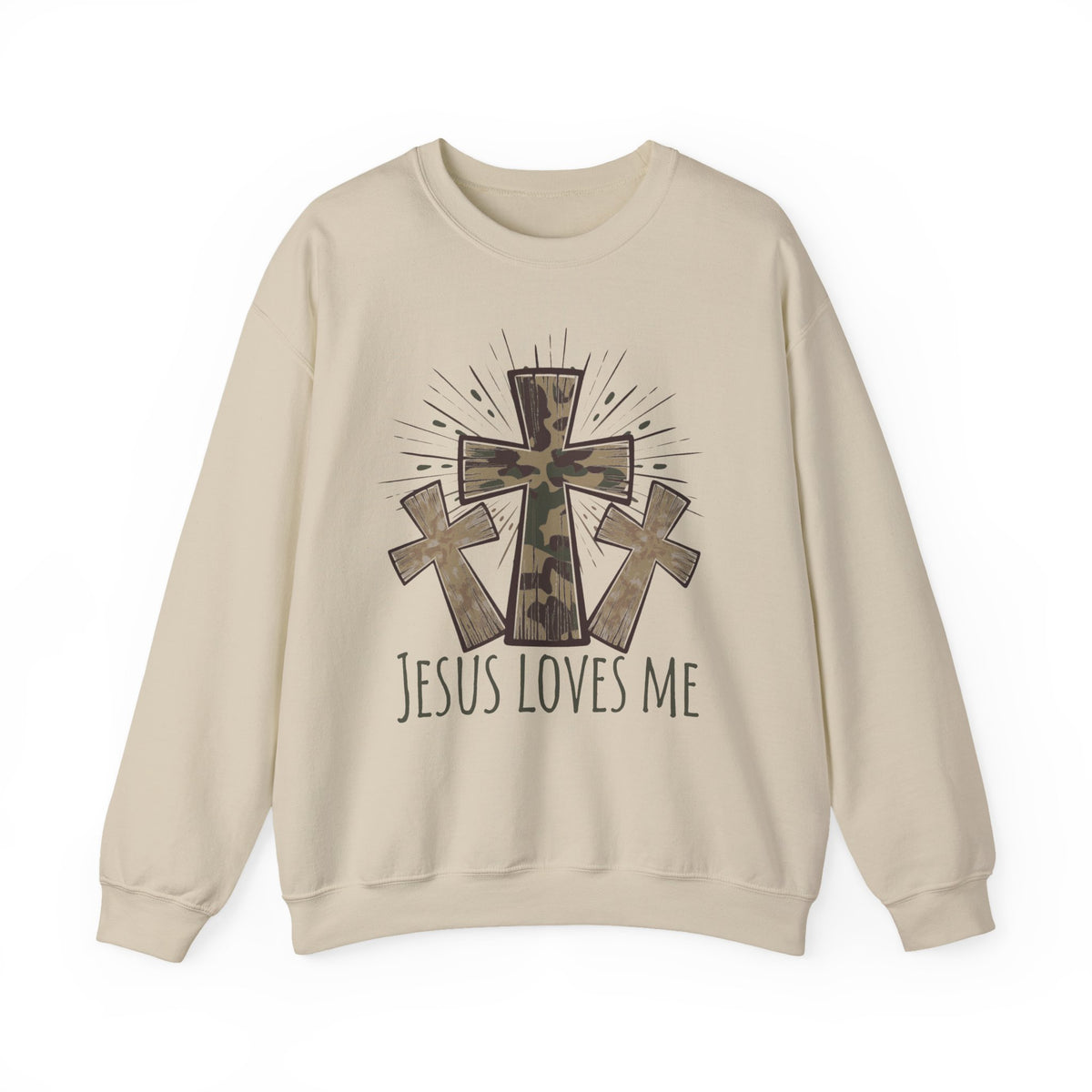 Jesus Loves Me Sweatshirt — Camouflage Cross Christian Crewneck