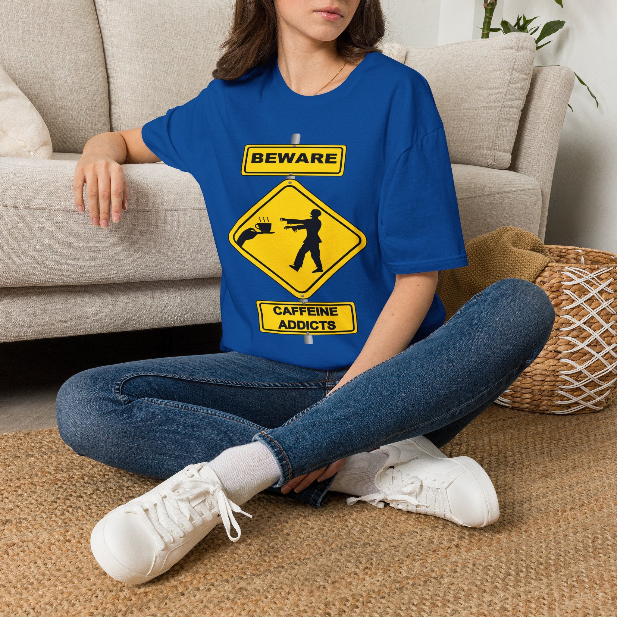 Beware: Caffeine Addicts T-Shirt — Funny Coffee Zombie Warning Tee