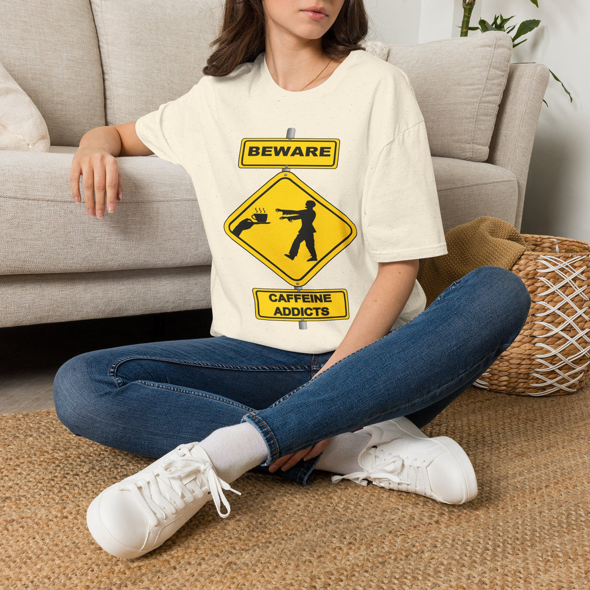 Beware Caffeine Addicts T‑Shirt — Funny Coffee Lover Warning Sign Tee