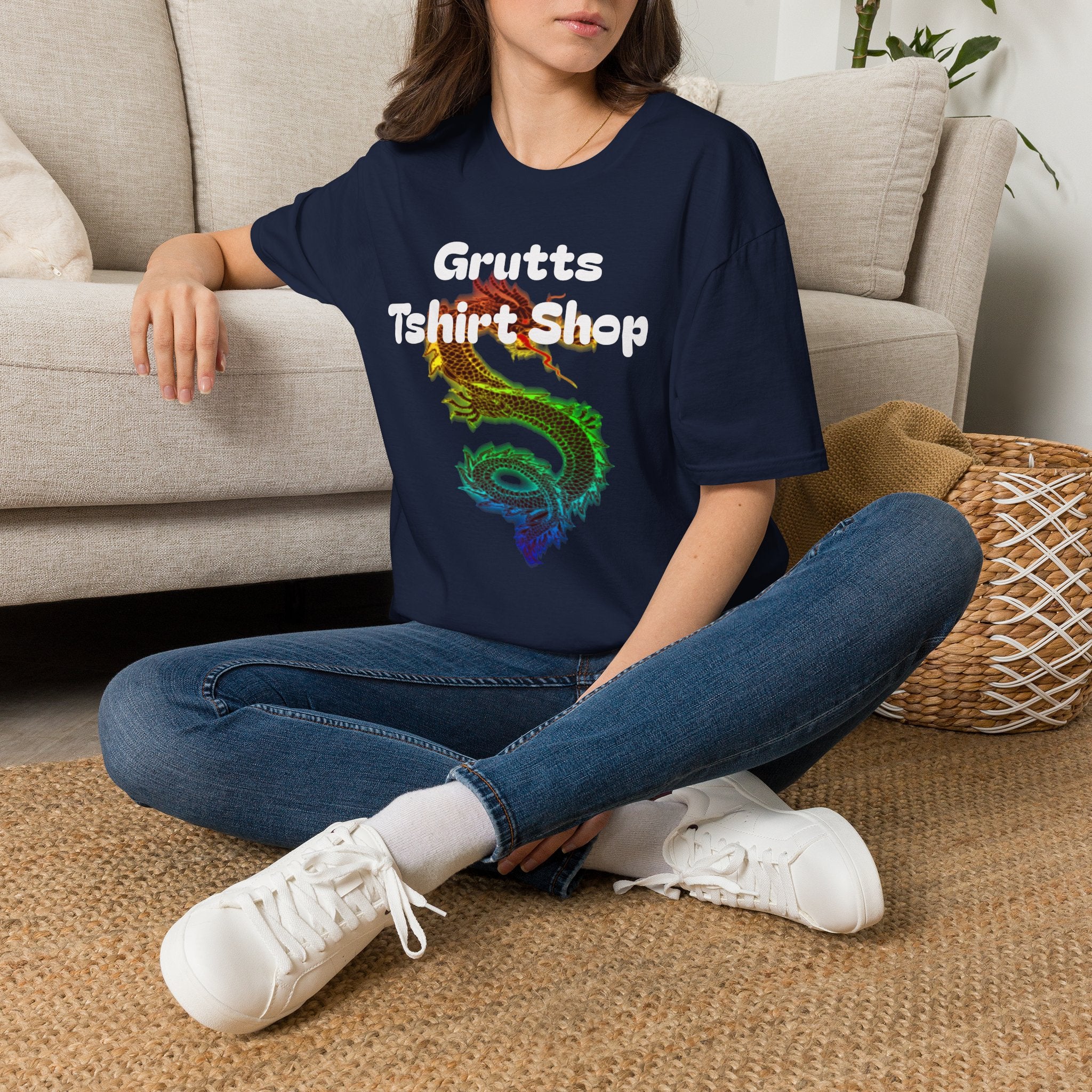 Grutts T-Shirt Shop Black Tee — Rainbow Dragon Graphic Shirt